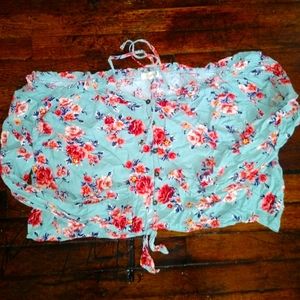 Rewind L Blue floral off the shoulder crop top